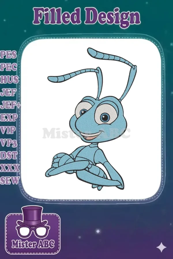 A detailed embroidery design of Flik, the blue ant from A Bug's Life, smiling with his arms crossed.