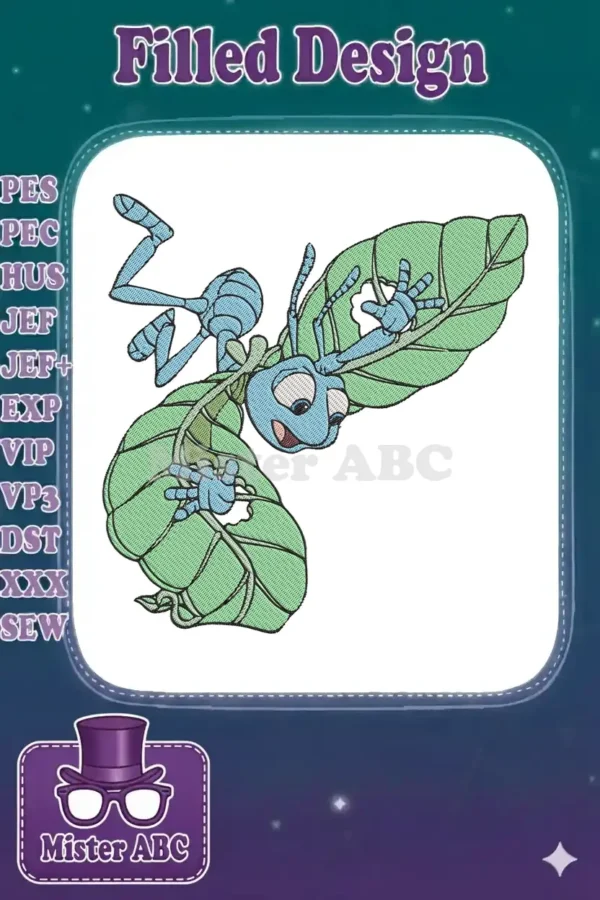 Embroidered design of Flik from A Bug's Life, a blue ant holding two green leaves with a cheerful expression.