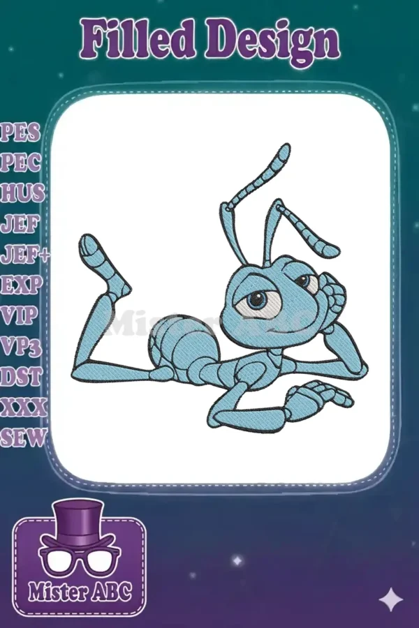 Embroidered design of Flik from A Bug's Life, a blue ant character lying down, looking relaxed and friendly.