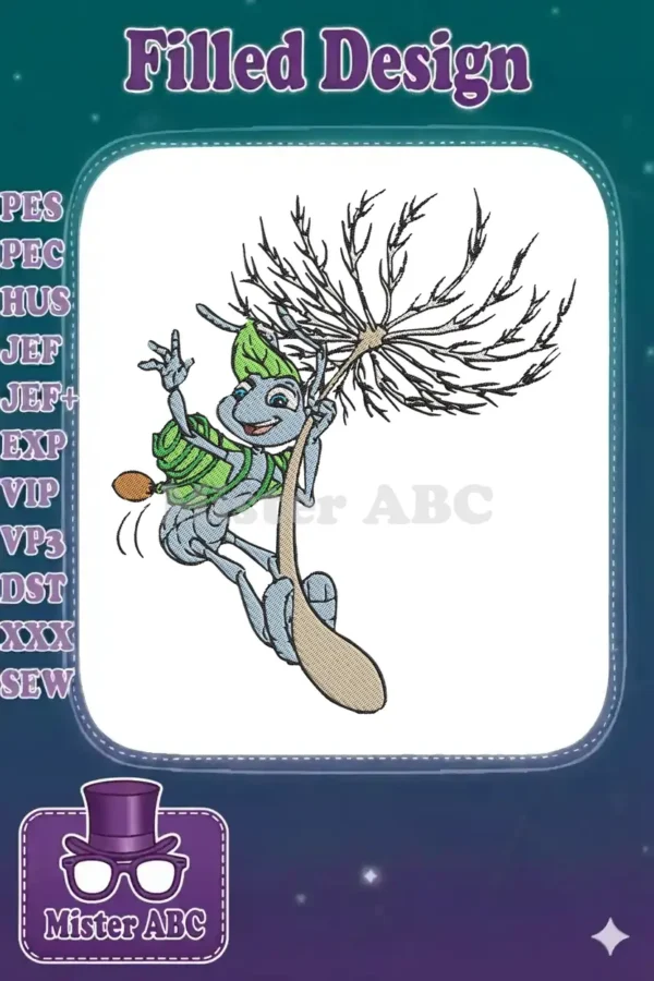 Flik, the inventive ant from A Bug's Life, joyfully holding a large dandelion seed head, ready to fly.