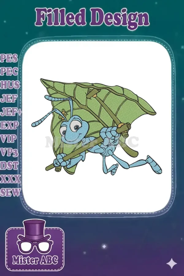 A vibrant embroidery design featuring Flik from A Bug's Life, a blue ant holding a large green leaf like a parachute.