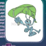 Blue cartoon ant character flying with green leaf parachute embroidery designs - Instant Download