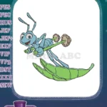 Adventurous blue ant surfing green leaf with weights embroidery designs - Instant Download