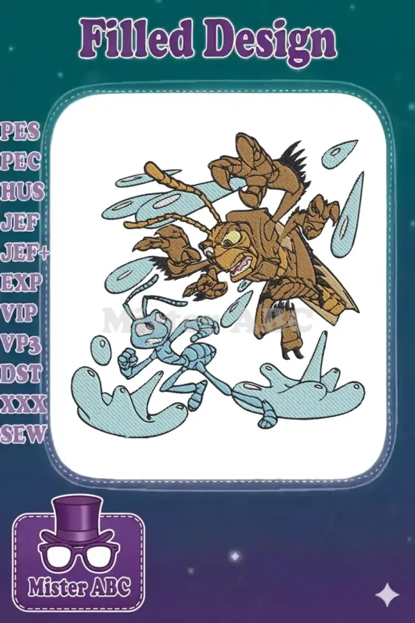 Dynamic embroidery design showcasing Flik the ant in a run from Hopper the grasshopper amidst blue splashes.