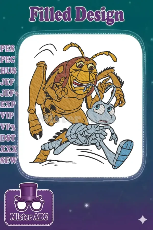 Embroidery design of Flik the ant fleeing a menacing Hopper the grasshopper. Vivid colors capture their animated chase.