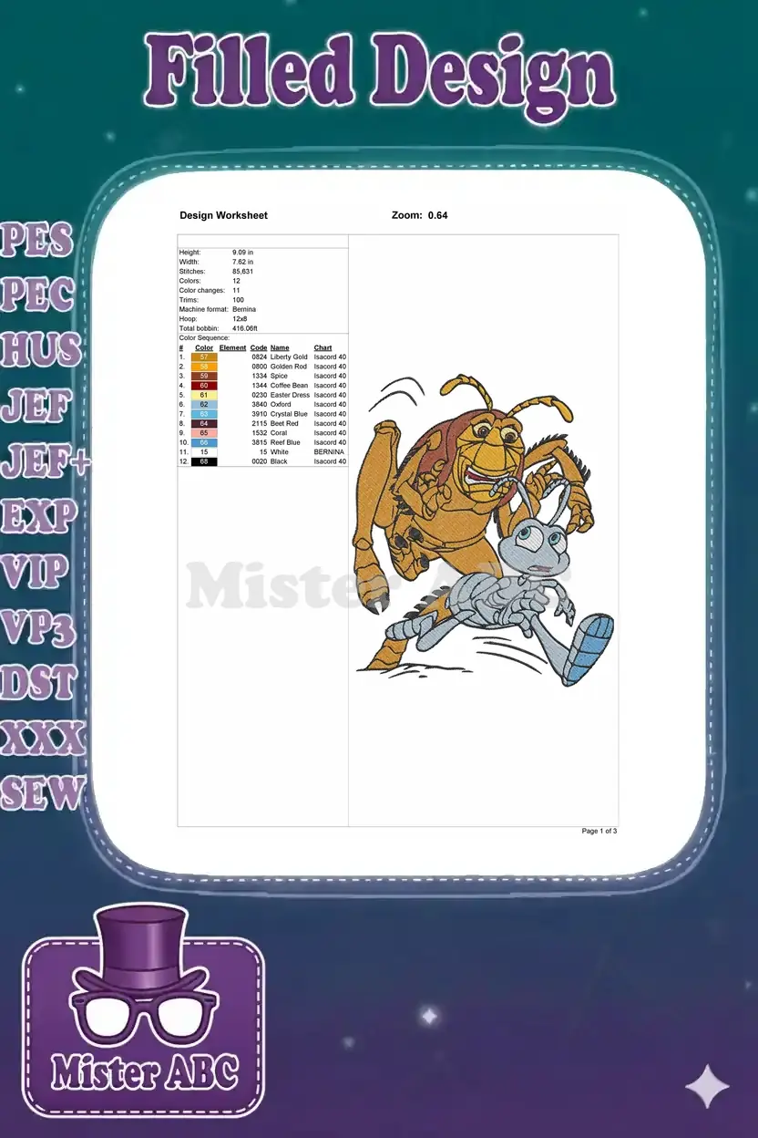 Embroidery design worksheet detailing dimensions, stitch count, color sequence, and machine compatibility for the design.