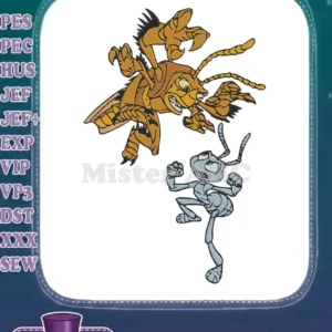 Embroidery design of Flik the ant and Hopper the grasshopper from A Bug's Life, captured in a dynamic, action-filled confrontation.
