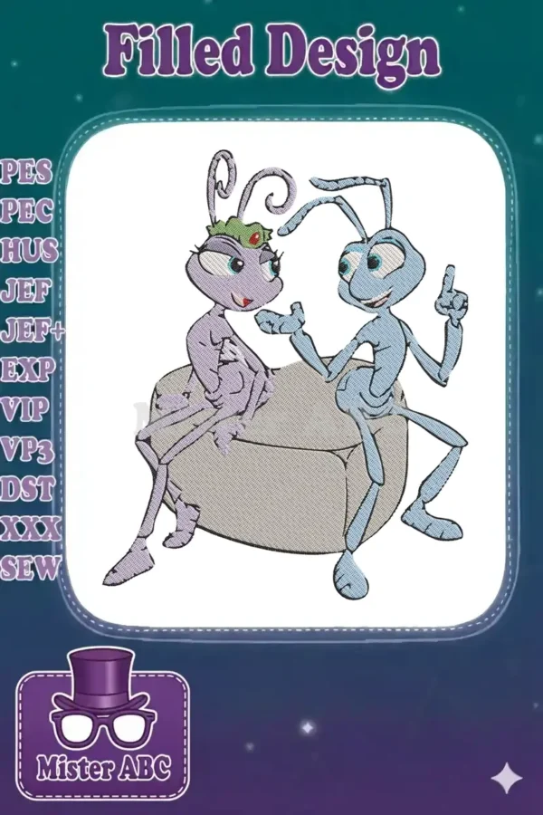 Vibrant embroidery design featuring Flik and Princess Atta from A Bug's Life, sitting together on a pebble.