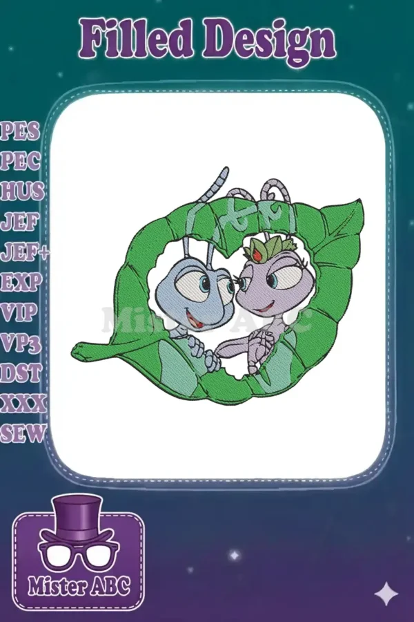 Flik and Atta from A Bug's Life, lovingly embraced within a heart-shaped green leaf, perfect for apparel.