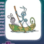Cartoon ants paddling leaf boat water adventure embroidery designs - Instant Download