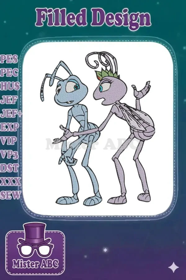 Flik and Princess Atta from A Bug's Life in a lively embroidery design, rich in detail and color.
