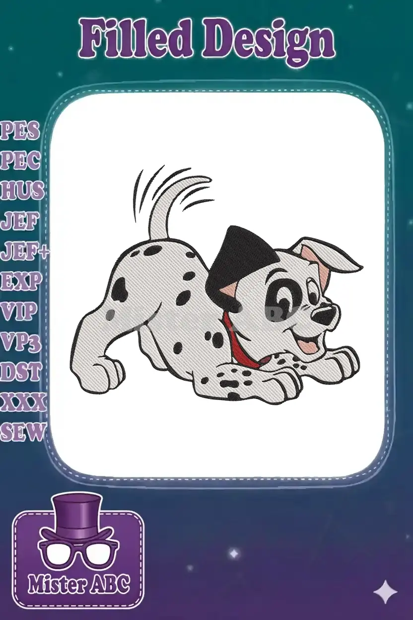 A cheerful Dalmatian puppy embroidery design in a playful, crouching stance with its tail wagging happily.