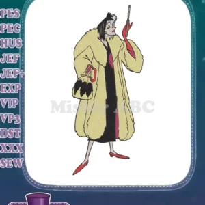 A vibrant embroidery design of Cruella de Vil, dressed in her iconic cream fur coat, black dress, and red gloves, holding a cigarette holder.