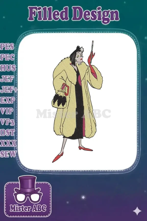A vibrant embroidery design of Cruella de Vil, dressed in her iconic cream fur coat, black dress, and red gloves, holding a cigarette holder.