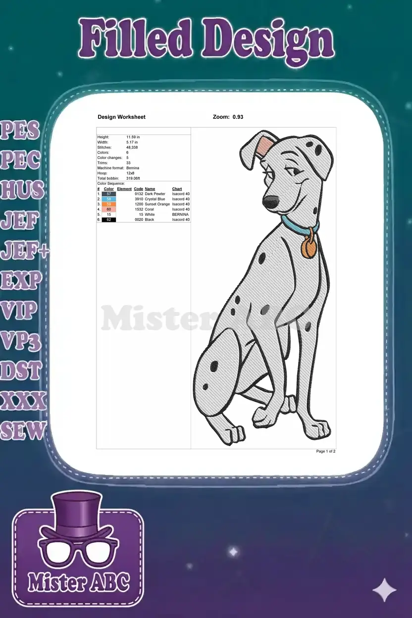 Embroidery design worksheet for Perdita Dalmatian, showing dimensions, stitch count, colors, and machine details.