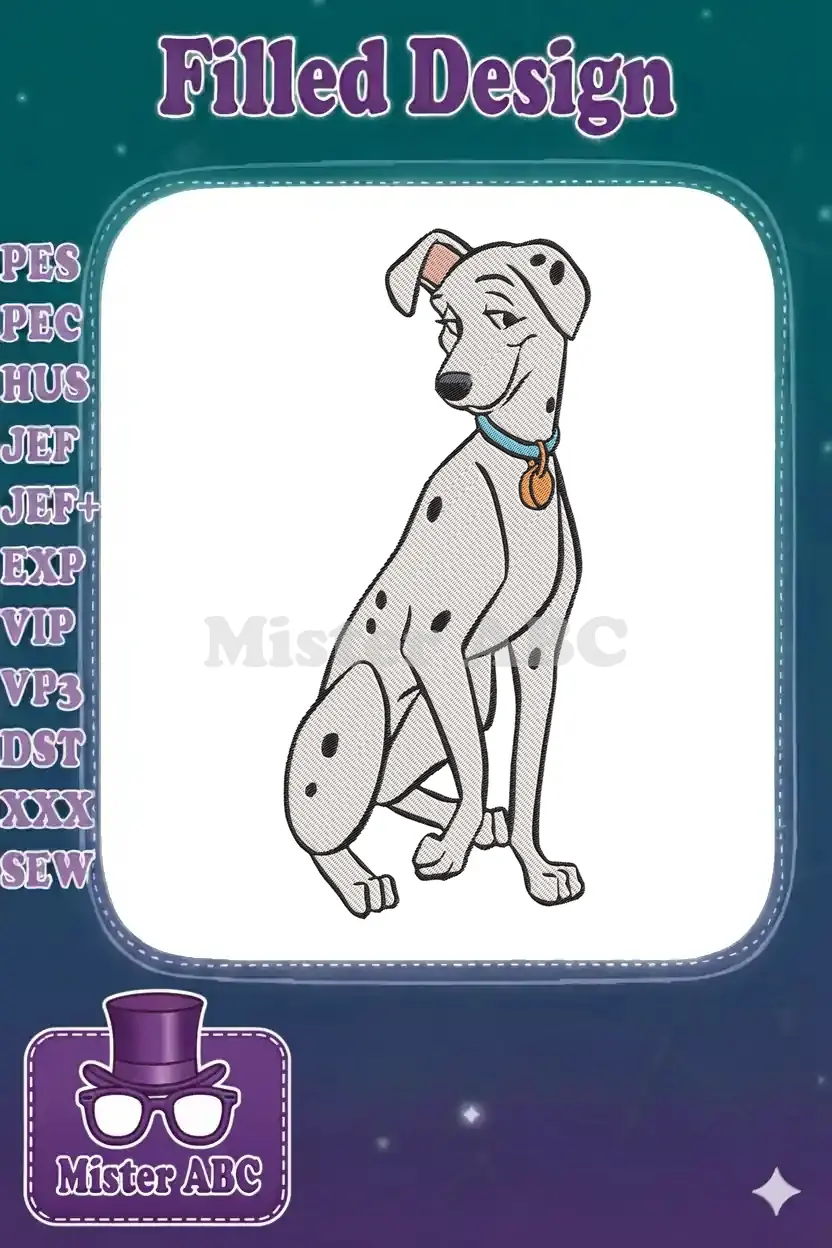 Detailed embroidery design of Perdita, the elegant Dalmatian from Disney's 101 Dalmatians, sitting gracefully.