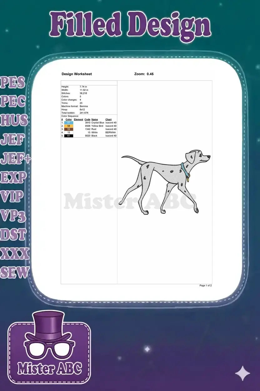 Detailed embroidery design worksheet showing dimensions, stitch count, color sequence, and machine compatibility.
