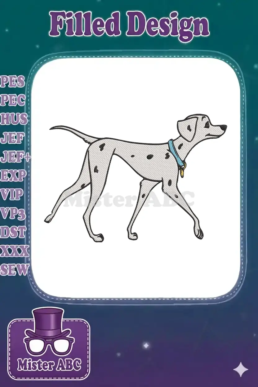 Full-body embroidery of a classic cartoon Dalmatian, walking with a blue collar and yellow tag, detailed fill stitch.