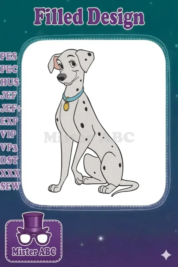 Full-color Pongo Dalmatian embroidery design, sitting gracefully with a blue collar and gold tag, smiling. Ideal for Disney fans.