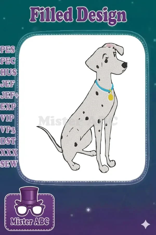 A charming embroidery design of a seated white Dalmatian dog with black spots, a blue collar, and a gold tag.
