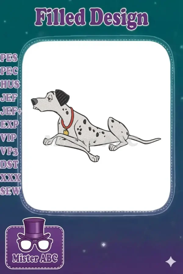Pongo, the iconic Dalmatian from Disney's 101 Dalmatians, in a relaxed, lying down pose, featuring his red collar.