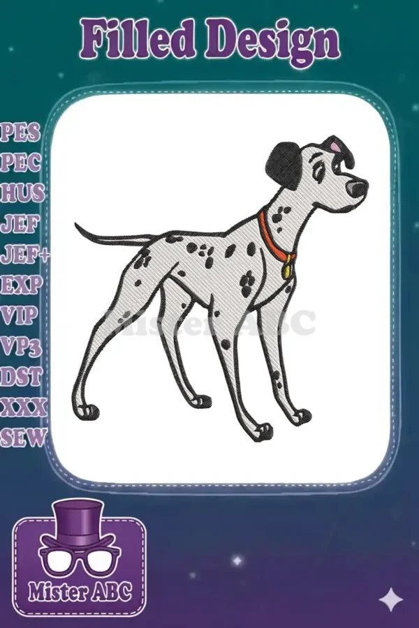 Embroidered Dalmatian dog design featuring a white dog with black spots, an orange collar, and a yellow tag. Perfect for Disney fans.