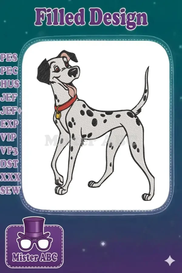 A charming embroidery design of a cheerful Dalmatian dog, showcasing detailed stitching and vibrant colors.