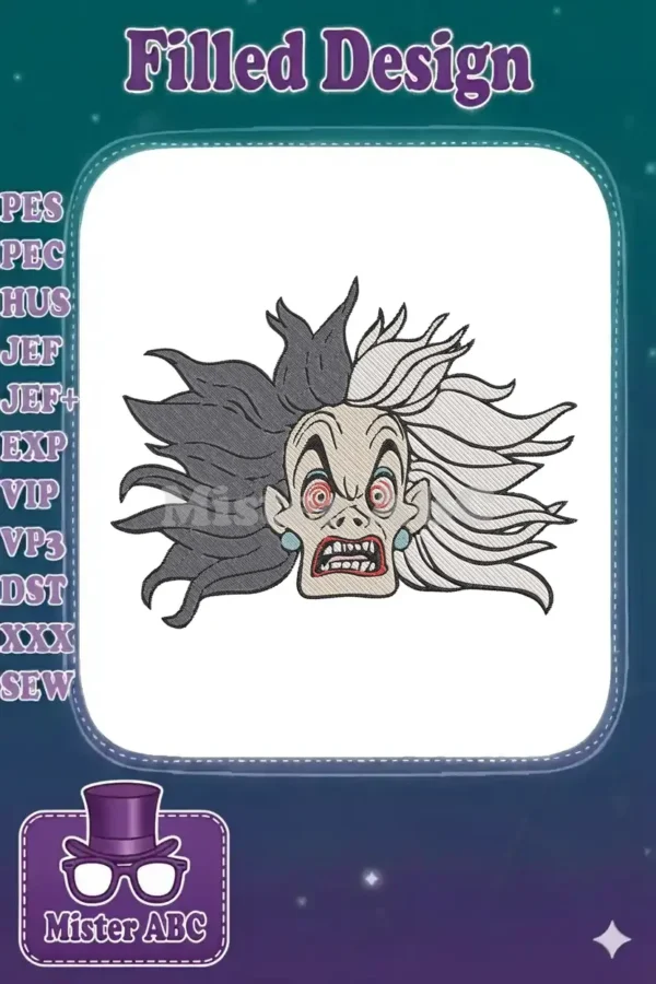 Close-up of an angry Ursula embroidery design, featuring her iconic black and white hair and intense red eyes.
