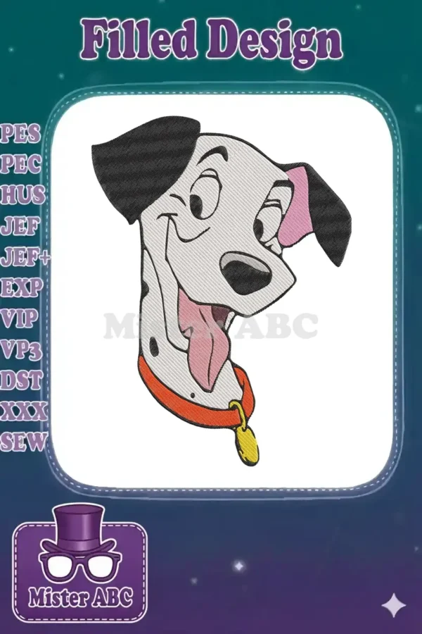 Close-up of a happy embroidered Dalmatian dog head, with black spots, pink tongue, red collar, and yellow tag detail.