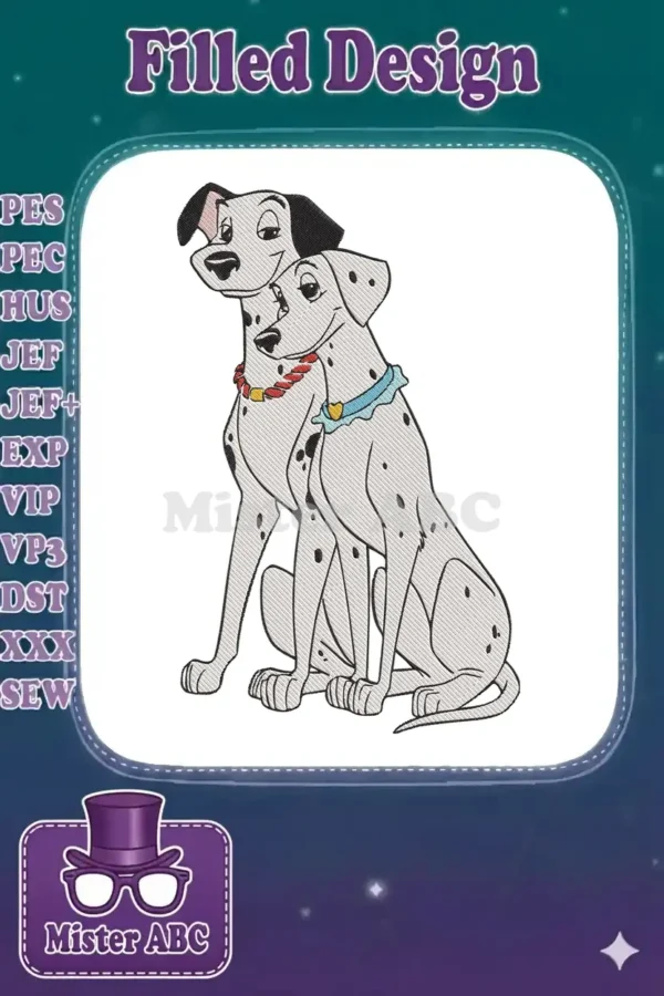 Digital embroidery design of Pongo and Perdita from 101 Dalmatians, showcasing their iconic spotted fur.