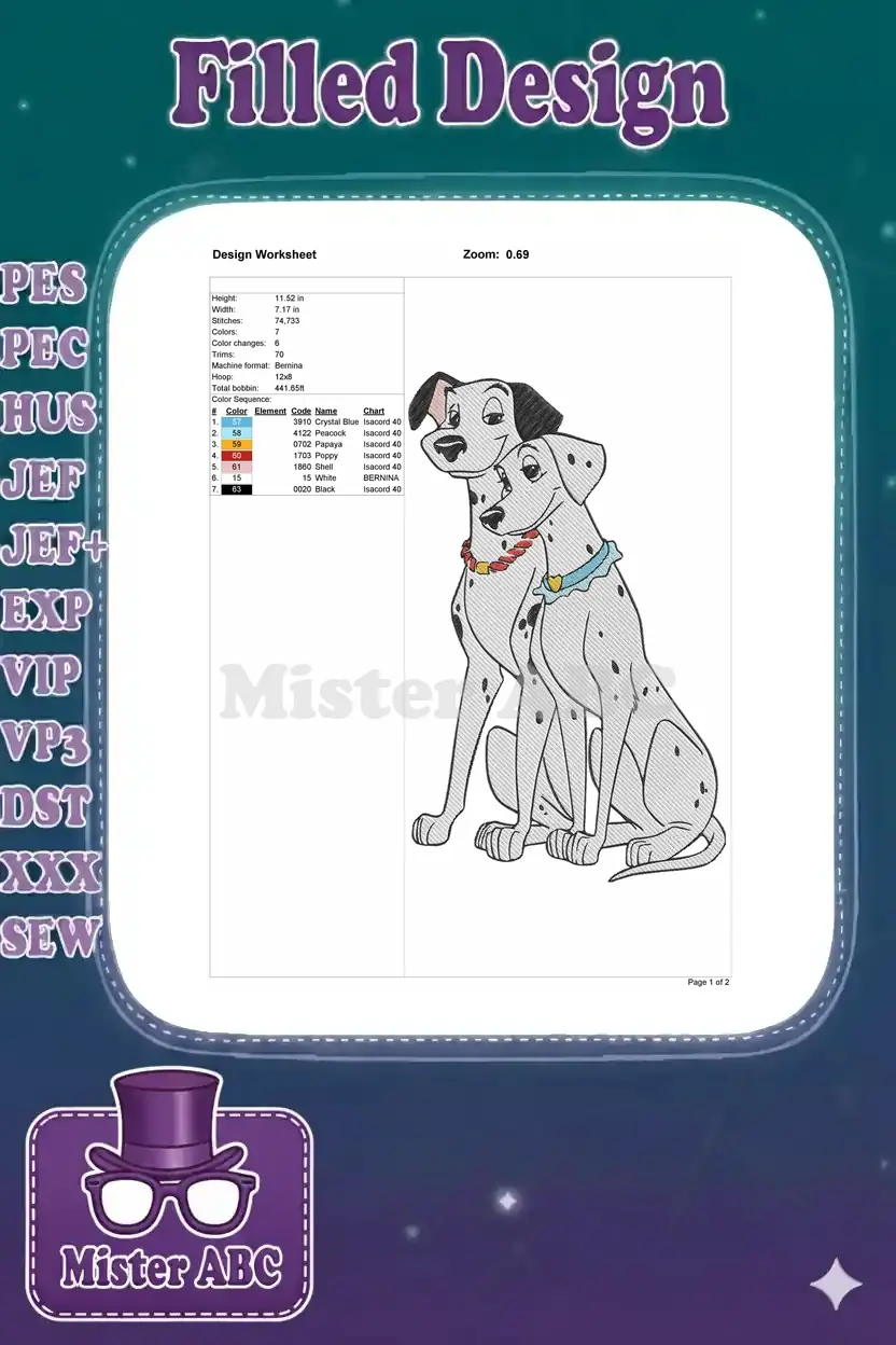 Embroidery design worksheet for Pongo and Perdita, detailing dimensions, stitch count, and color sequence.
