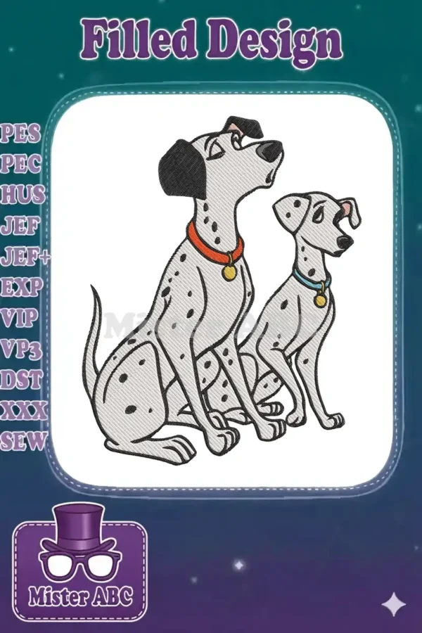Detailed embroidery design featuring two beloved Dalmatians, Pongo and Perdita, sitting attentively.