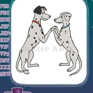 Two iconic spotted Dalmatians, Pongo and Perdita, standing on their hind legs and holding paws affectionately.