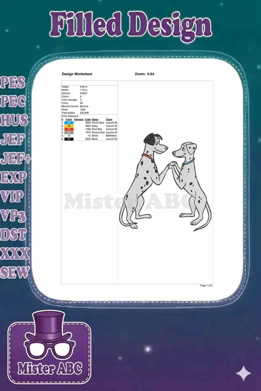 Detailed embroidery design worksheet showing dimensions, stitch count, color sequence, and machine info.