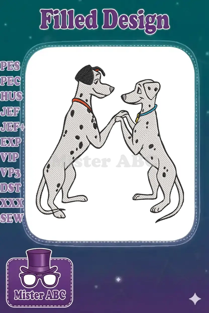 Two iconic spotted Dalmatians, Pongo and Perdita, standing on their hind legs and holding paws affectionately.