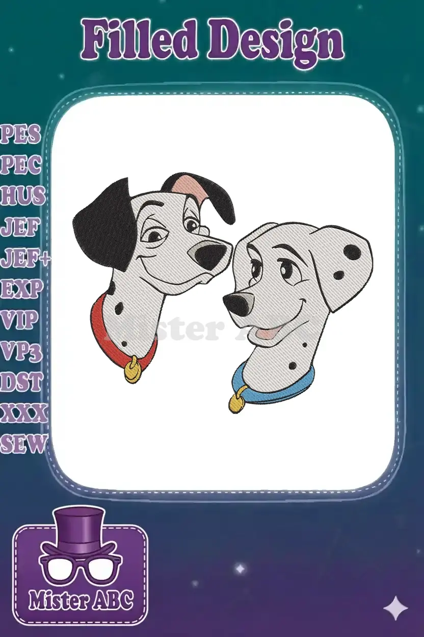 Embroidered heads of Pongo and Perdita, the iconic Dalmatians, with their classic collars and friendly expressions.