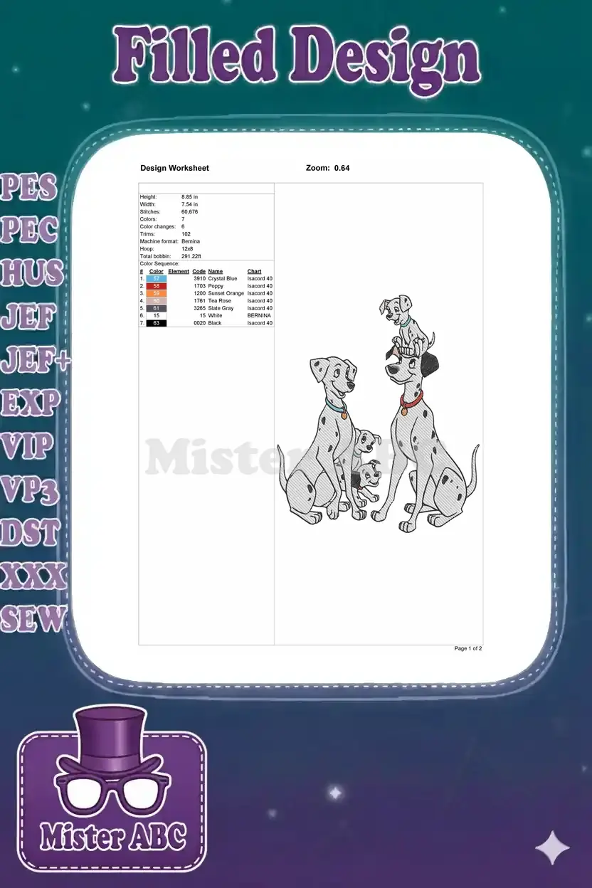 Technical worksheet for the 101 Dalmatians embroidery, detailing dimensions, stitch count, and thread colors.