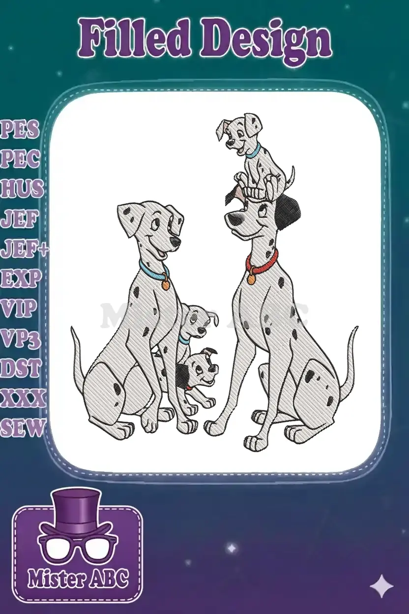 Pongo and Perdita with three playful Dalmatian puppies, an adorable family portrait embroidery design.