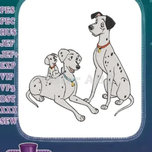 A detailed embroidery design of three Dalmatians: adult male Pongo, adult female Perdita, and a cute puppy.