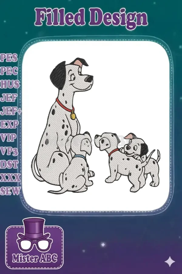 A detailed embroidery design featuring Perdita, the loving Dalmatian mother, with three playful, spotted puppies.