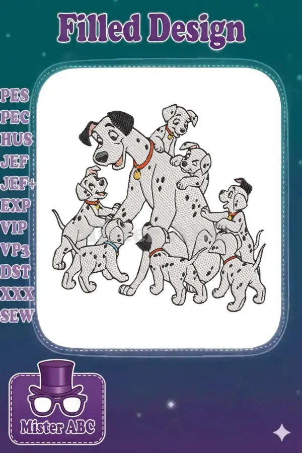 Adorable embroidered design: an adult Dalmatian with seven playful puppies. Intricate details and vibrant thread work.