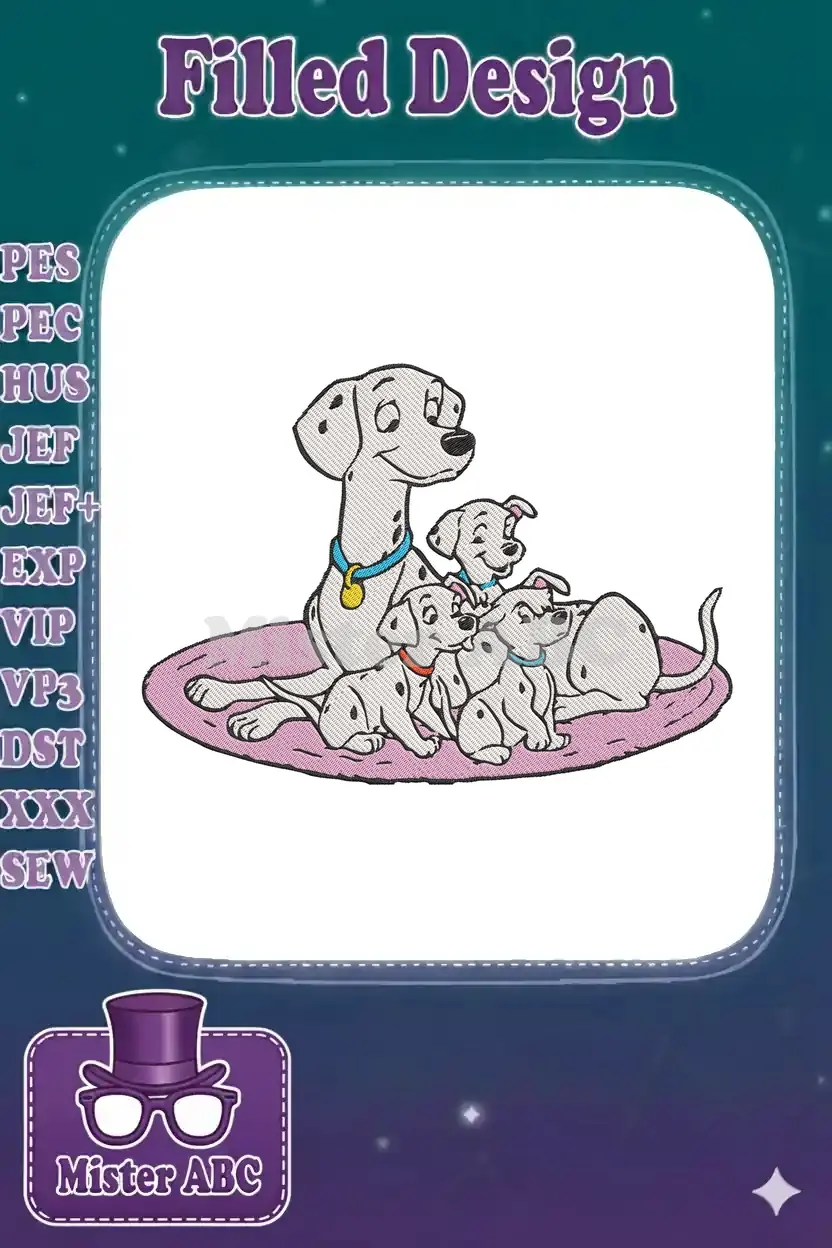 Pongo, the proud Dalmatian dad, with four playful puppies, all sitting on a pink rug, in a charming embroidery design.