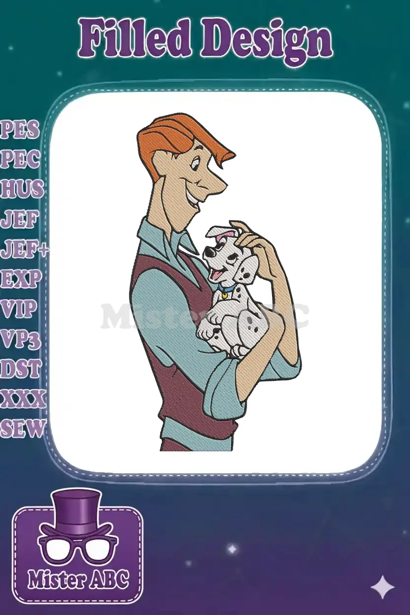 Embroidered design of Roger Radcliffe from 101 Dalmatians, smiling while gently holding a cute Dalmatian puppy.