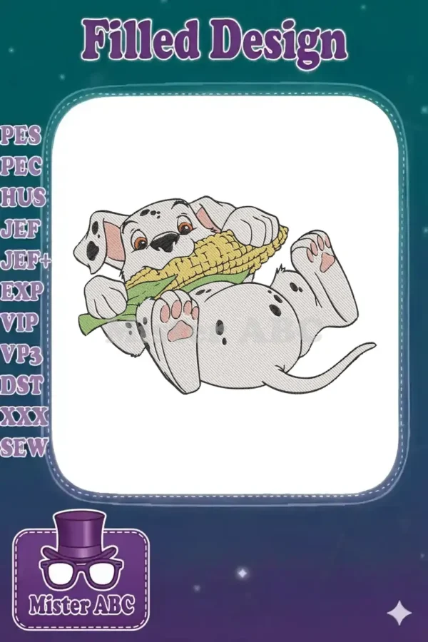 Embroidery design of a cheerful Dalmatian puppy lying down, happily munching on a yellow corn cob.