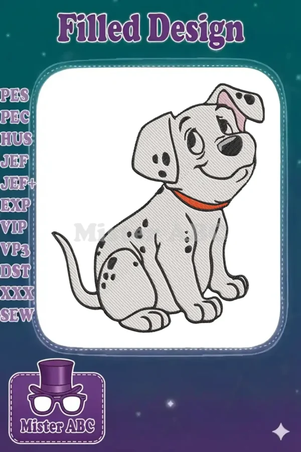 A cheerful cartoon Dalmatian puppy, sitting with a red collar, featuring detailed embroidery stitches.