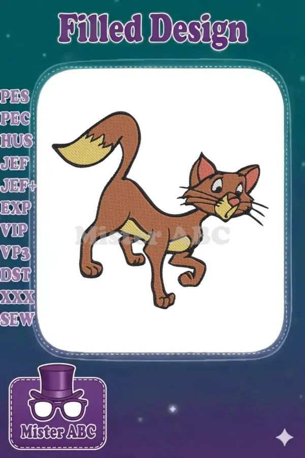 Vibrant cartoon cat embroidery design in a playful walking pose, featuring brown fur, yellow accents, and black outlines.