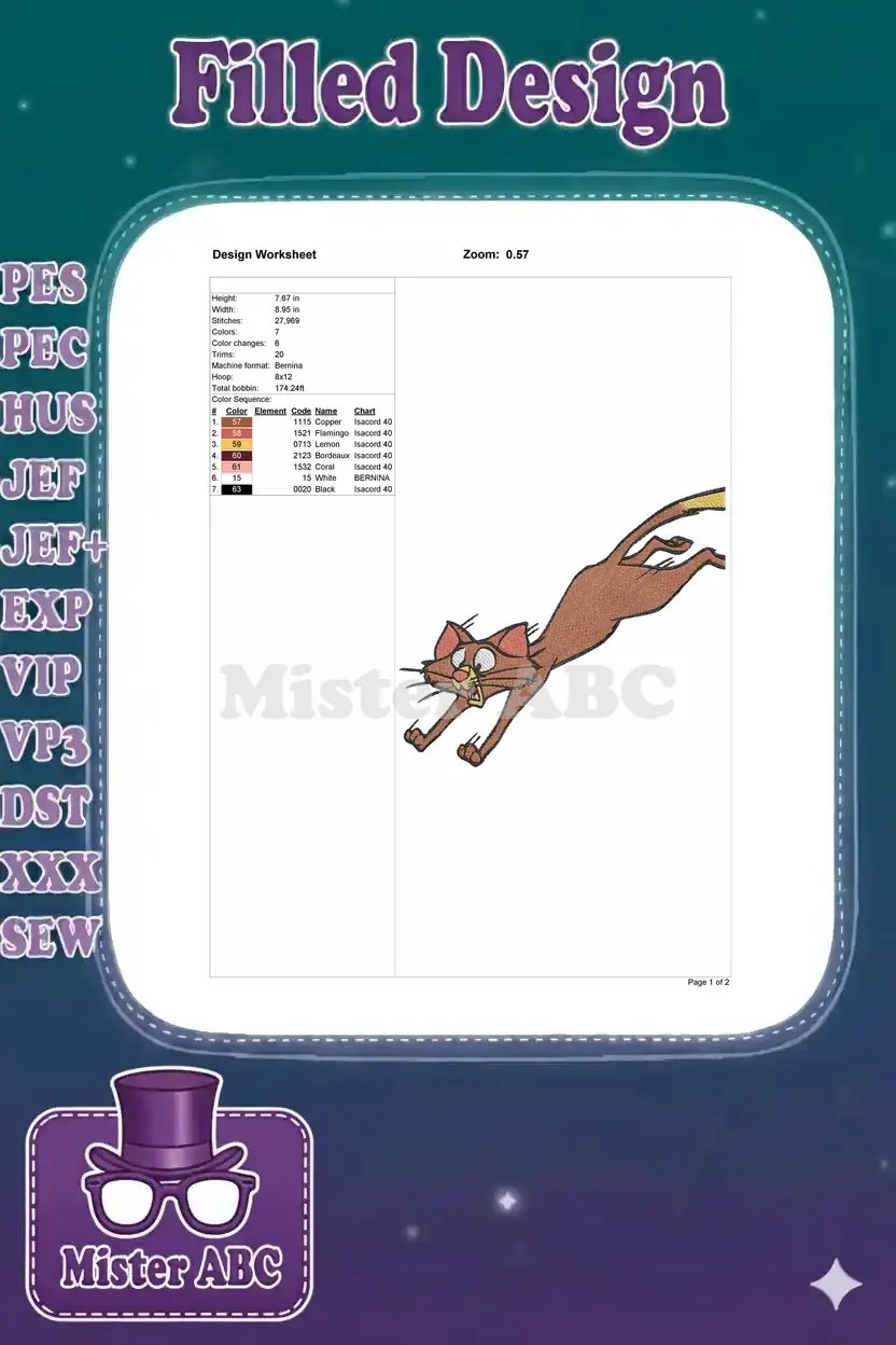 A comprehensive embroidery design worksheet detailing Tom the cat's design specifications for machine embroidery.