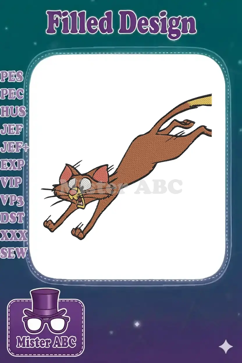 A vibrant embroidery design of Tom the cat from Tom and Jerry, wide-eyed and running in a panicked, dynamic pose.