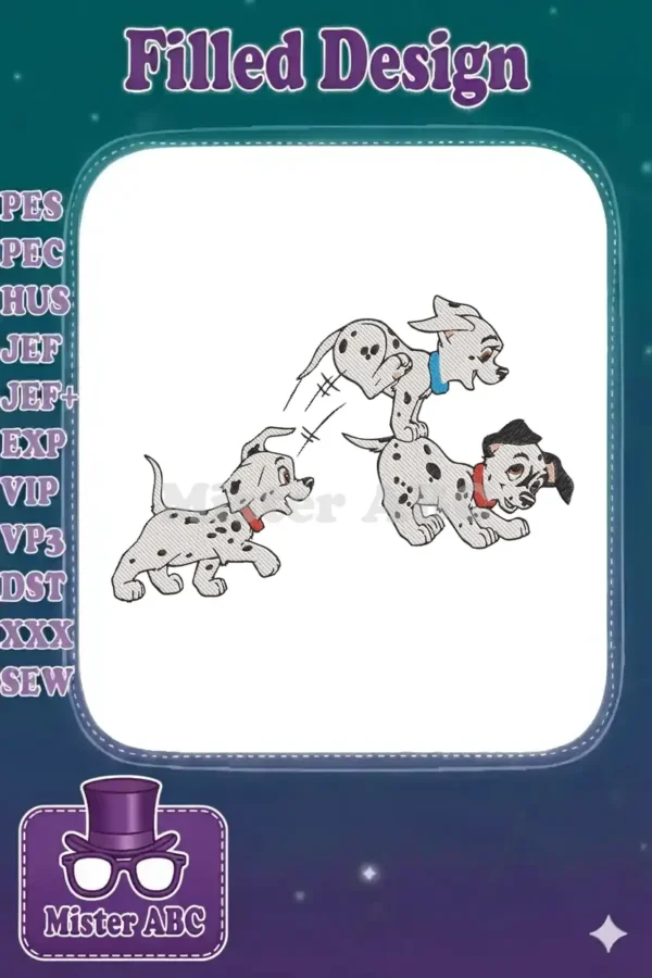 Three energetic Dalmatian puppies in a playful pose, one jumping over another, captured in a vibrant embroidery design.