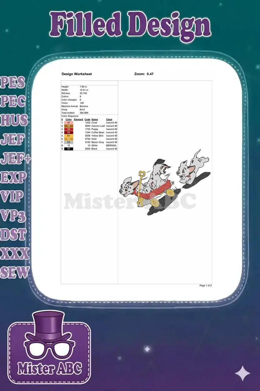 Detailed embroidery design worksheet showing dimensions, stitch count, color sequence, and thread chart for the Dalmatian design.
